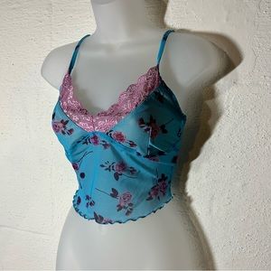 Blue floral mesh tank top